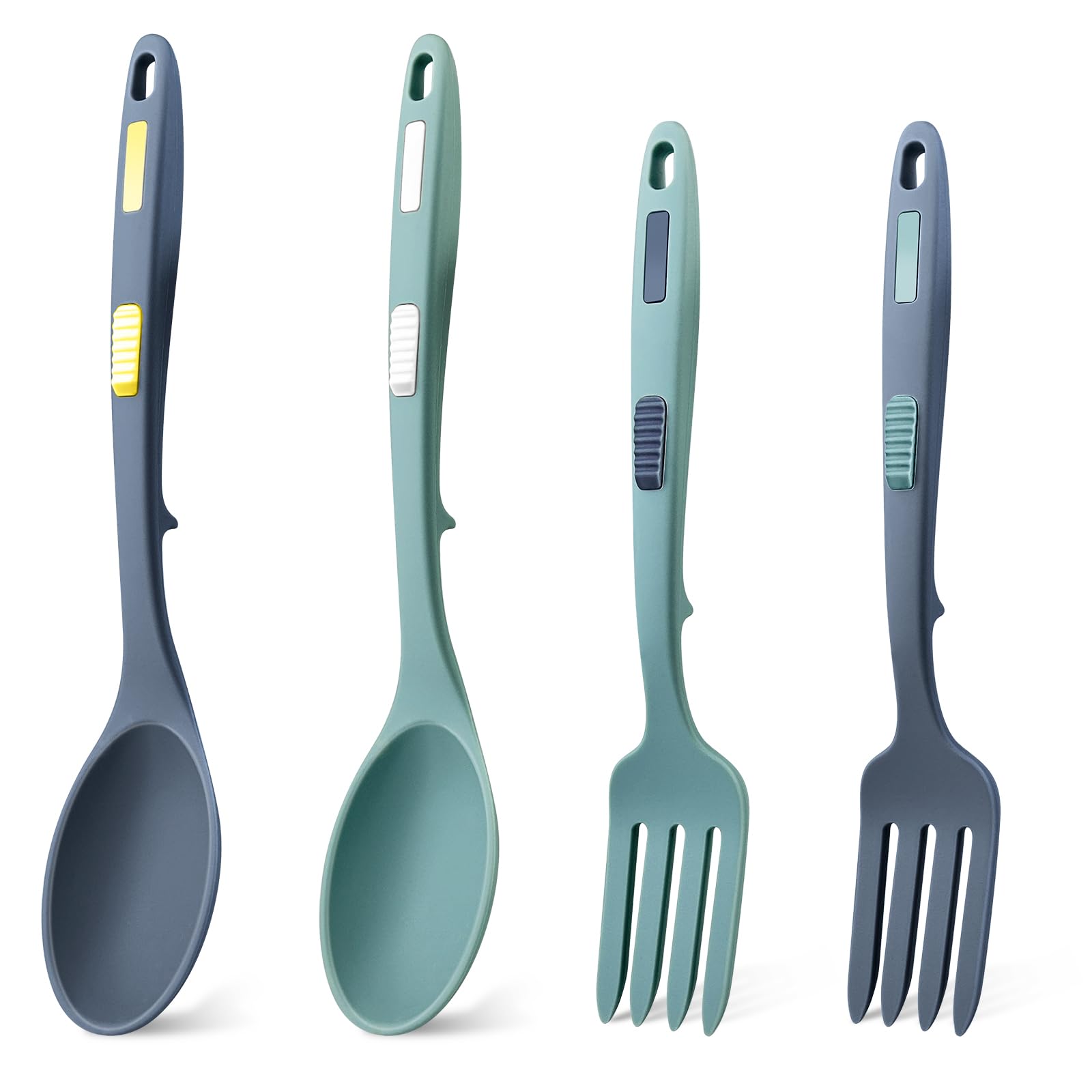 GZqiacang - Set di 4 forchette da cucina in silicone, resistenti al calore, in silicone, con 4 ganci, per cucinare, mescolare, utensili da portata (azzurro, blu scuro)