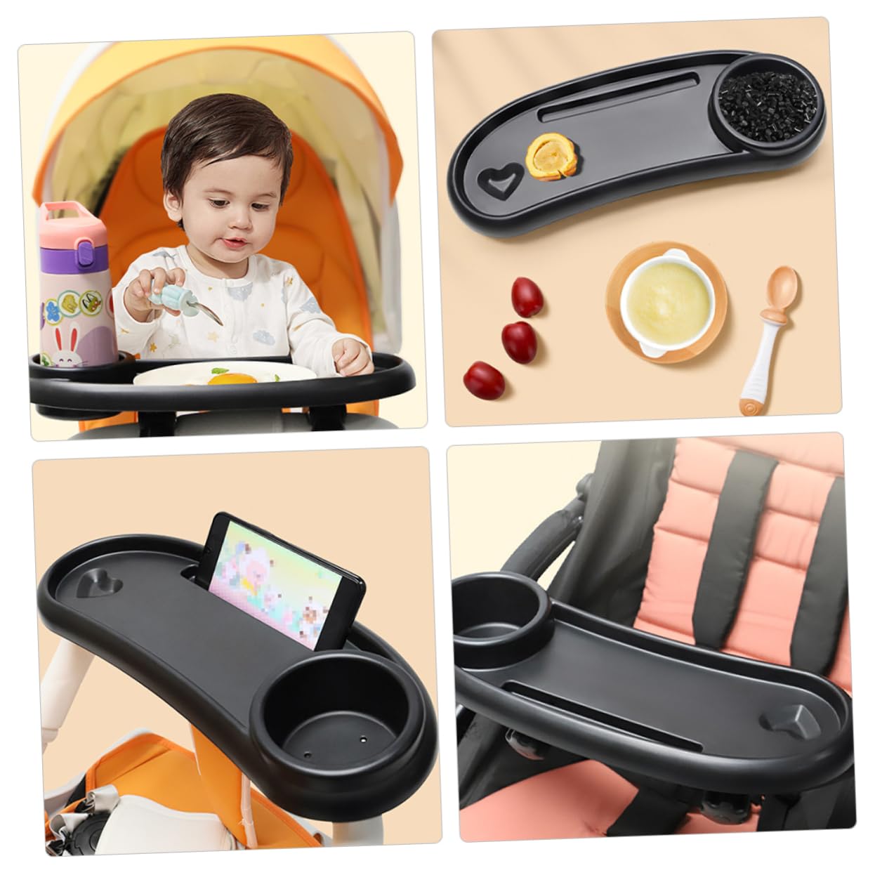 Plateau à Goûter pour Poussette Amovible avec Porte-gobelet Noir | Plastique, Stable et Sûr, pour Pram et Pushchair, Accessoire Bébé Pratique