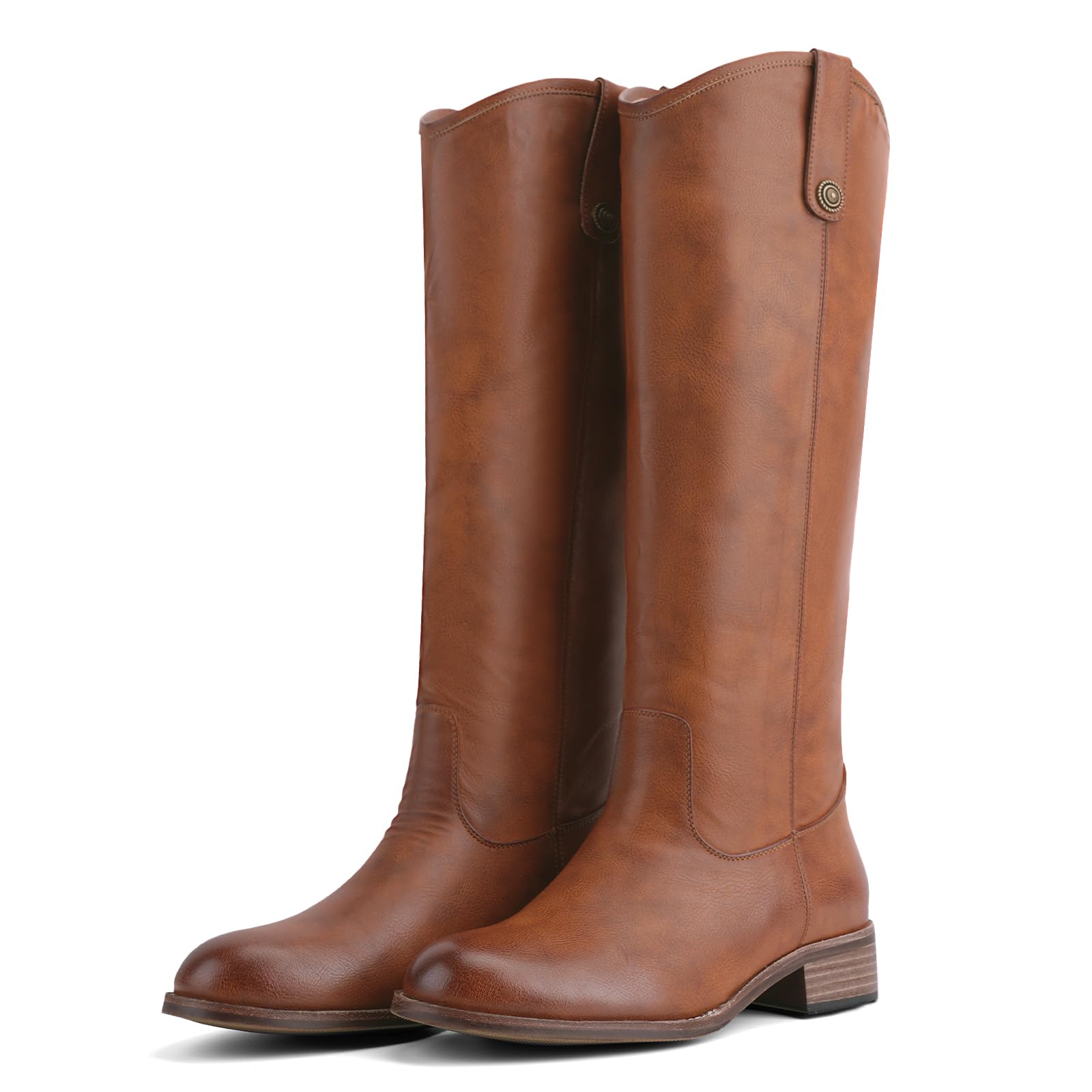 Riding Boots For Women Round Toe Chunky Heel Knee High Boots Vintage Metal Hardware Tall Booties Pull on