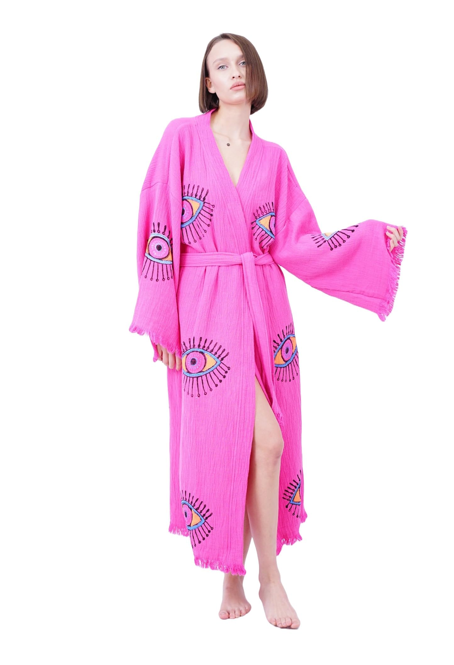 Handmade Evil Eye Boho Festival Kimono Boho Beachwear Beachwear Cover Up Ethnic Kimono Cardigan Bathrobe Morning Robe
