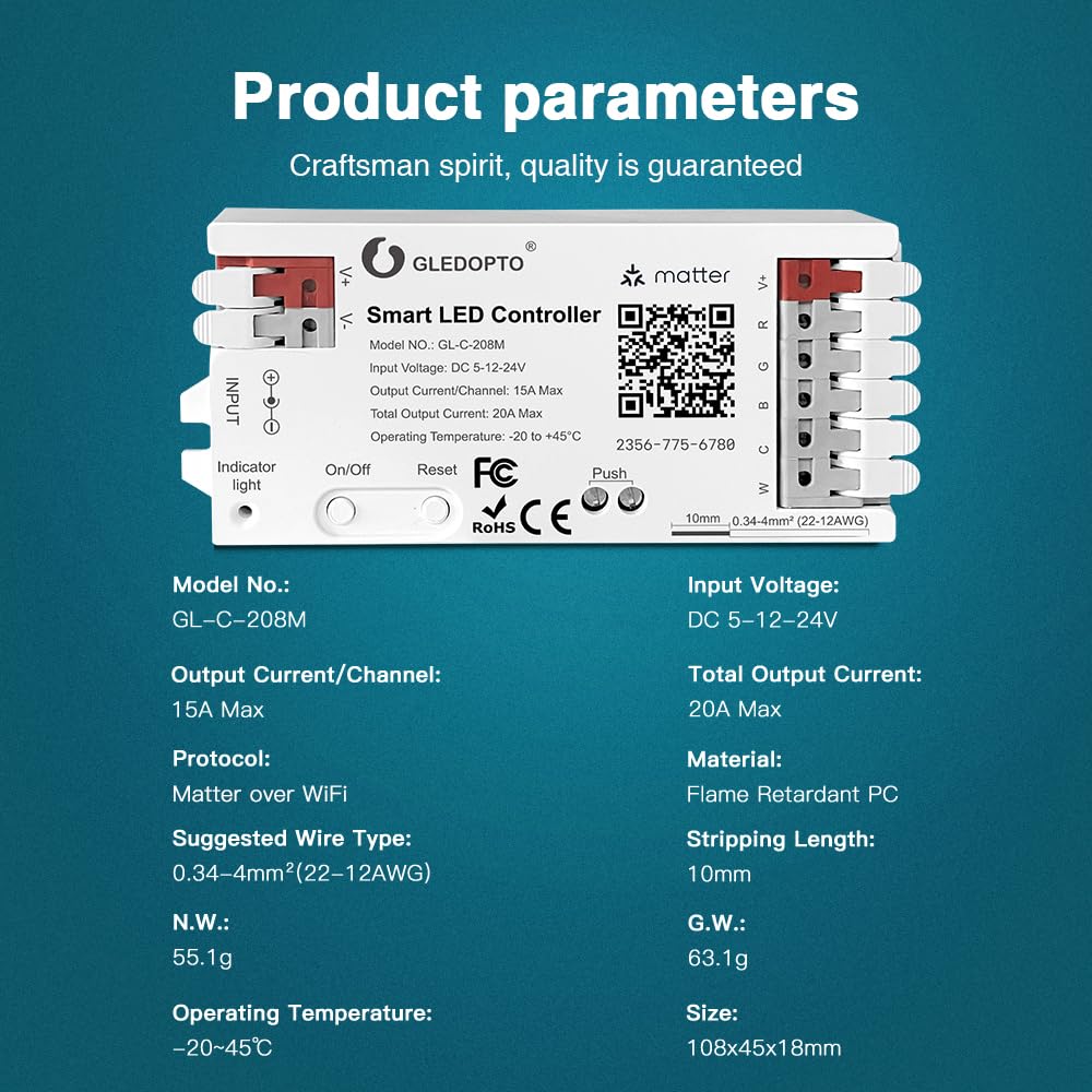 GLEDOPTO GL-C-208M Controlador LED Matter RGBCCT 5 en 1 (PWM) para Tiras Analógicas 5V/12V/24V – 15A/canal (20A máx) – Wi-Fi 2.4 GHz – Apple Home, Alexa y Google Home