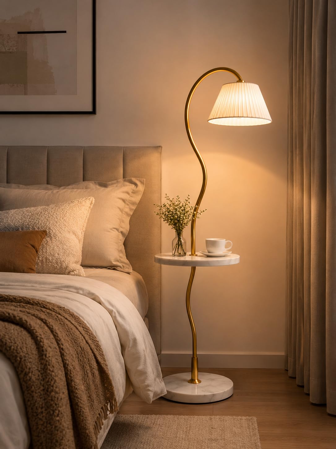 Modern Luxury Gold Floor Lamp with Round Marble Side Table, Fabric Lampshade, Contemporary Standing Lamp for Living Room, Bedroom, Reading Corner Home Décor-image-26