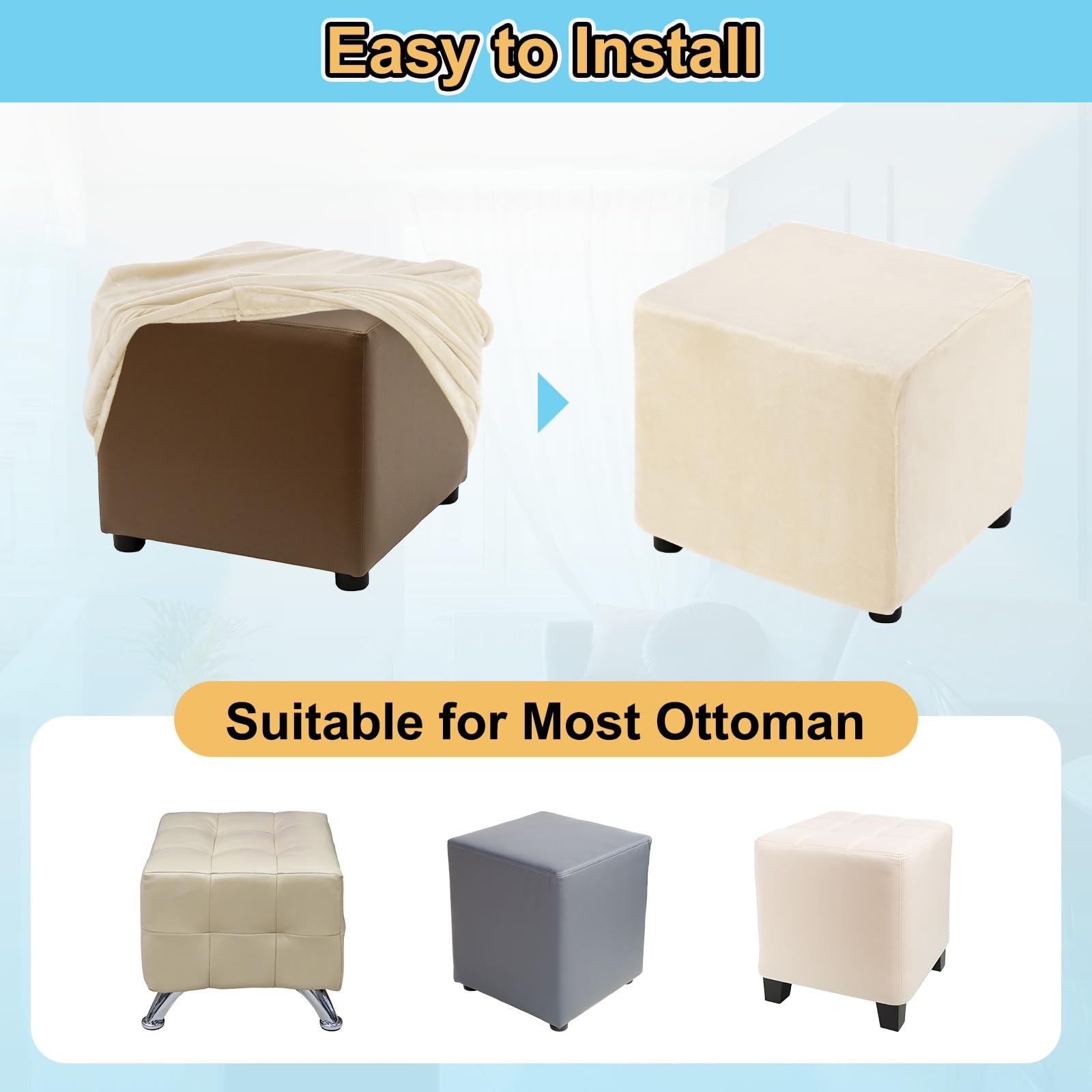 QUARKZMAN Copri Poggiapiedi Allungabile Copertina Quadrata Poggiapiedi Con Elastico Protettore Per Soggiorno Camera a Lunghezza 33-45.7cm/13-18 Pollici, Beige Chiaro