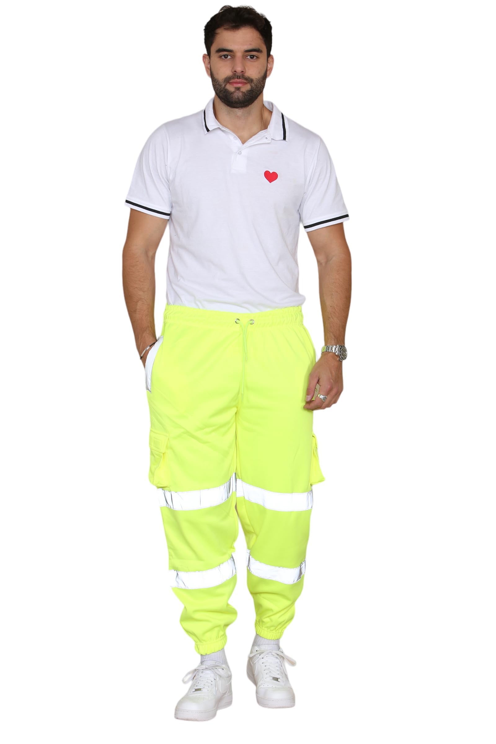 Fairy Trendz Men's Yellow Hi Viz Fleece Work Trousers Reflective Safety Hi Vis Joggers - High Visibility Combat Workwear Bottoms Pants (, Medium)