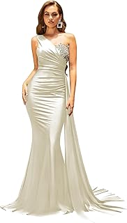 One Shoulder Bridesmaid Dresses for Women Long Ruched Satin Mermaid Formal Party Dress with Train - Buy now