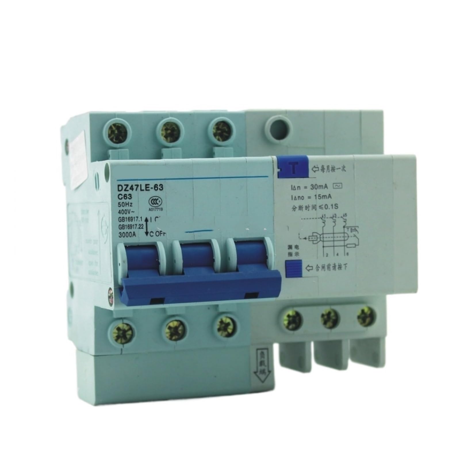 Interruptor diferencial 3P 63A DZ47LE 400V Tipo C con protección magnetotérmica