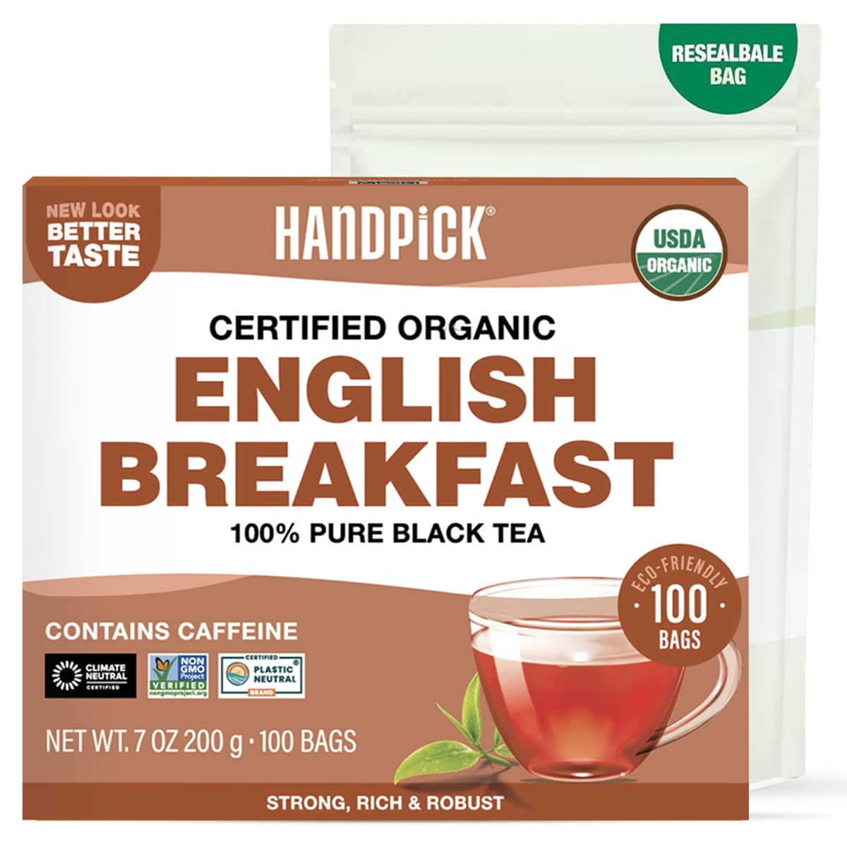 HANDPICK, Organic English Breakfast Black Tea Bags (100 Count) USDA Organic, Non-GMO | Strong, Robust, High-Caffeine Black Tea | Eco-conscious Tea Bags, Brew English Breakfast Tea & Kombucha TeaUSDA Organic