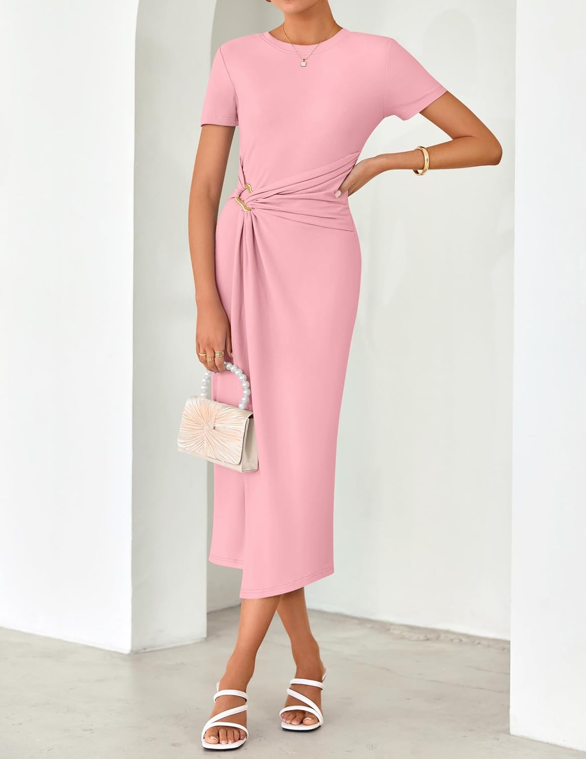 ZESICA Women's 2026 Summer Short Sleeve Bodycon Midi Dress Crewneck Ruched Split Wedding Guest Cocktail Wrap Dresses - Image 4