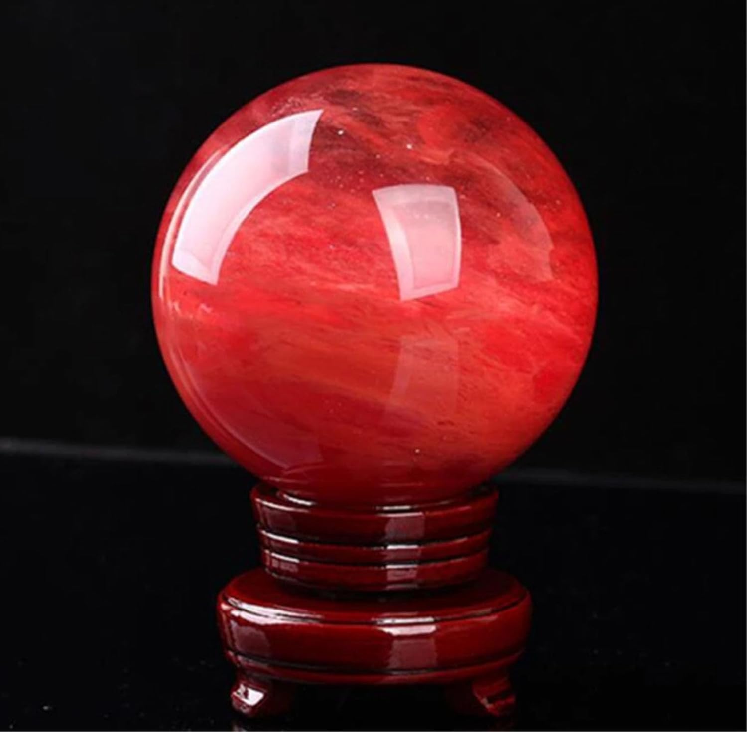 Red Crystal Ball Smelting Stone Sphere with Wood Stand Quartz Gemstone for Feng Shui Home Decoration,6cm