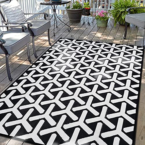 Waterproof Outdoor Rug 5x8ft, Bohemia Reversible Plastic Straw Mat for Patio RV Deck Porch Backyard Balcony Camping Picnic Beach Indoor Outdoor Carpet, Black&White Bohemia (Black&white) 5 x