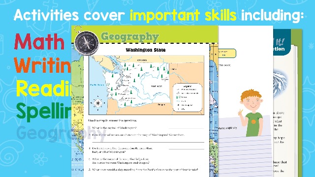 Image of Evan-Moor Daily Summer Activities, Grade 1-2 Workbook, Stickers, Prevent Learning Loss, Reading, Writing, Math, Phonics, Spelling, Nouns, Verbs, Synonyms, Handwriting, Word Problems, Geography, Maps