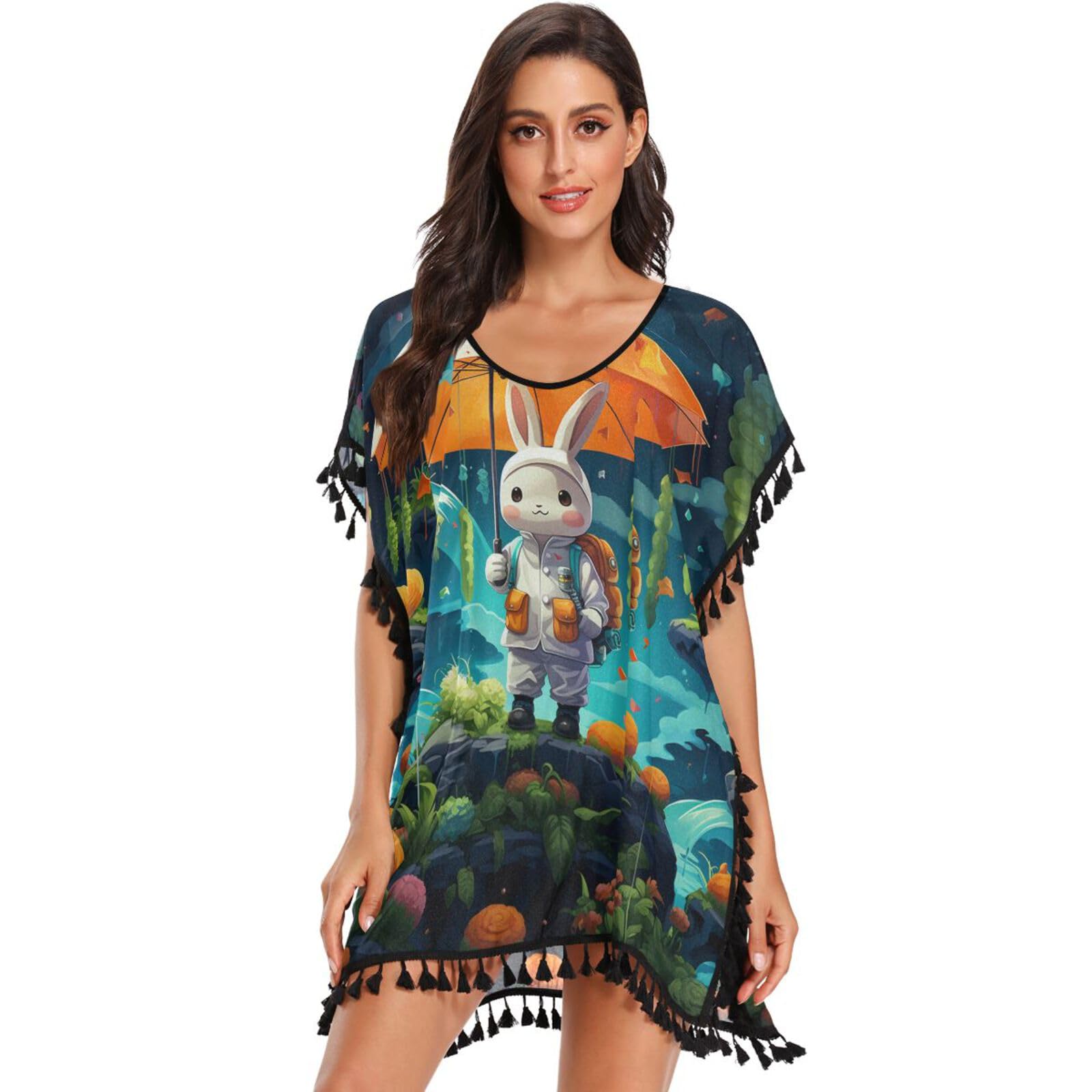 Cute Astronaut Rabbit Women's Beach Cover Up Chiffon Tassel Swimwear Swimsuit Coverups for Girl