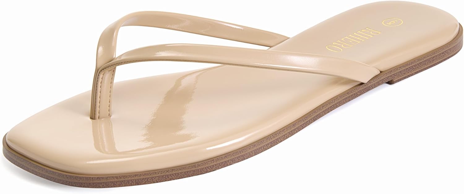 Rihero Flip Flops for Women Comfortable Square Toe Beach Sandals Slip On Leather Thong Flat Sandals Dressy