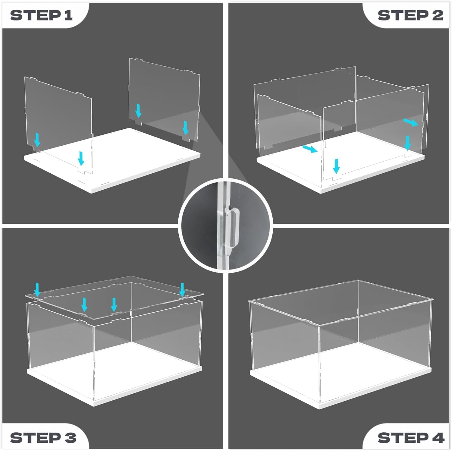 escaparate para colección, escaparate para figuras, caja de vitrina de acrílico transparente con base blanca para ensamblar, caja de encimera antipolvo con banda luminosa