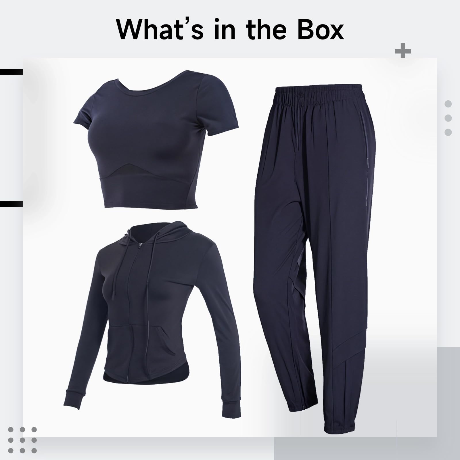 Damski zestaw odzieży fitness XXL - bluza z kapturem, koszulka i spodnie ze stretchu, nylon spandex, pasuje do wzrostu 176-298 cm, waga ciała 176-298, Czarny, XXL