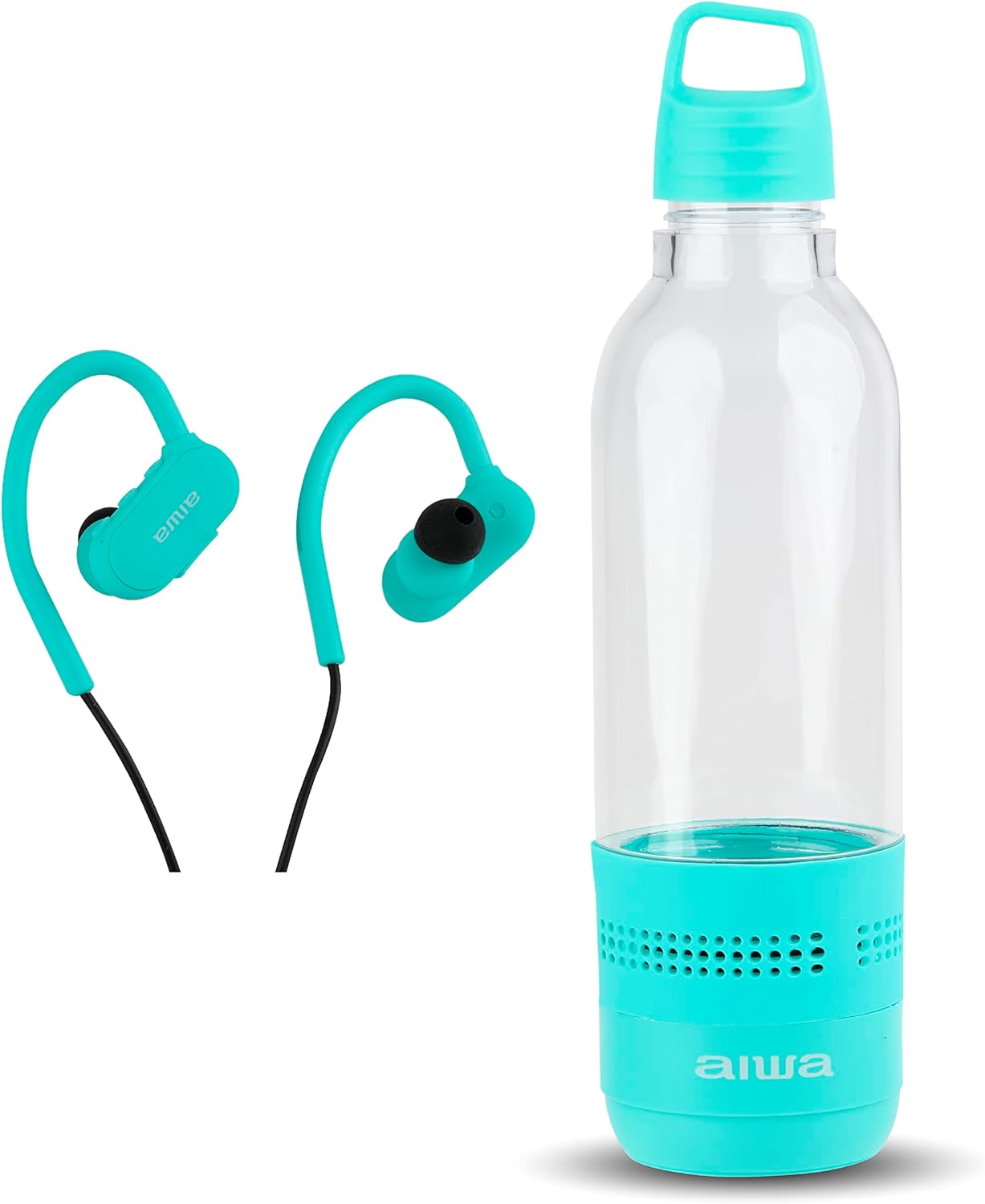 Aiwa Water Bottle with Speaker and Earphone Bundle – 400ml Water Bottle with 4 Hour Playtime and Wireless Sports Earphones with Integrated Mic, 10 Hours Playtime for Workout, Camping and Hiking