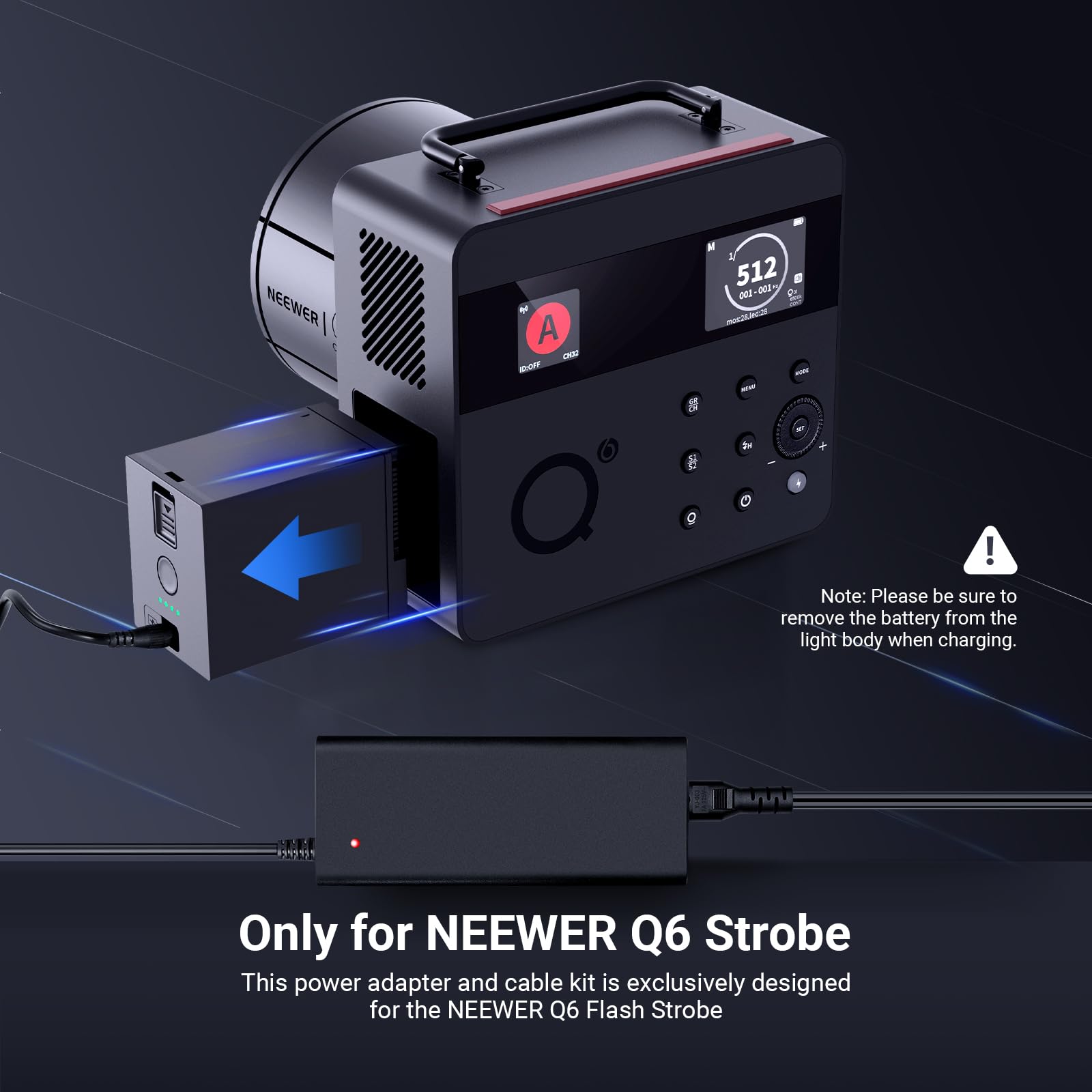 NEEWER Zasilacz i kabel sieciowy tylko do Q6 Flash Strobe, 100-240V, 50/60 Hz, zasilacza AC i kabla ładowania NC-Q6