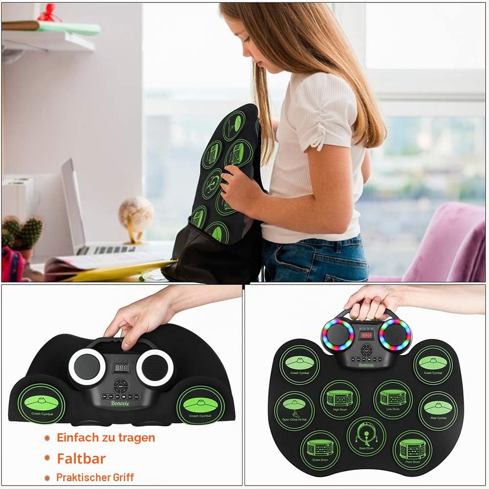 E-Drum Kit, Bonvvie tragbare wiederaufladbare digitale Rollentrommel von mit 9 Pads, MIDI, DTC, eingebauten Lautsprechern, ideal für Kinder, Studenten, Anfänger, Enthusiasten (G6001)