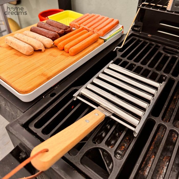 Hot Dog Roller for Grill Stainless Steel BBQ Hot Dog Grill Roller with Wooden Handle, Sausage Roller Rack for Evenly Cooked Hot Dogs, 4 BBQ Skewers Included, 5 Hot Dog Capacity, Large