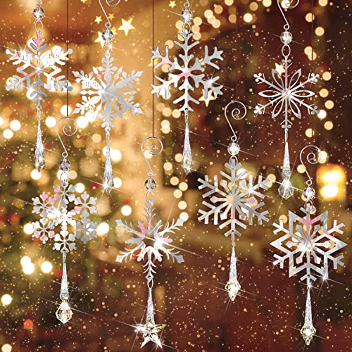 BBTO Christmas Silver Crystal Snowflakes Ornaments, 4 Inch Hanging Acrylic Snowflake Decorations for Winter Farmhouse Christmas Tree Party Celebration Decor, 8 Styles(20 Pcs)