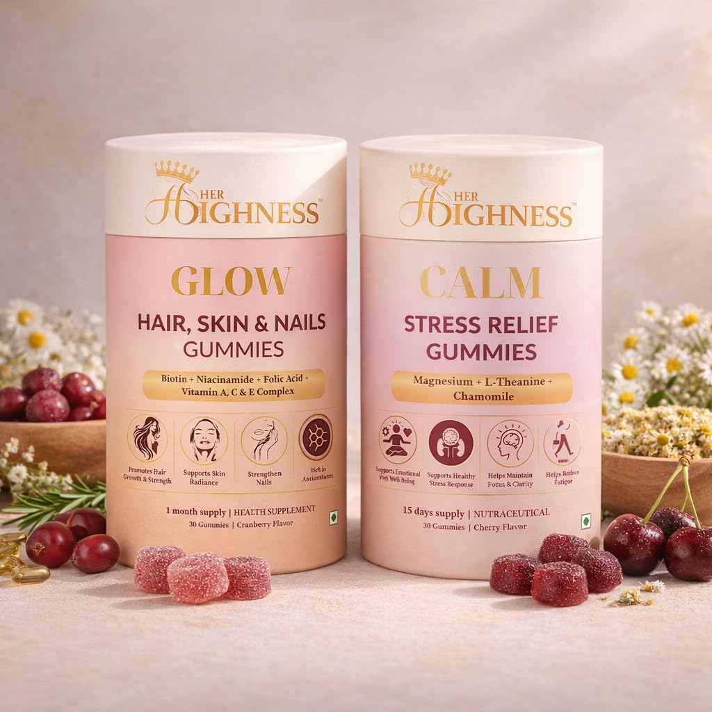 Her Highness Daily Balance Duo | Glow + Calm Gummies for Women | Beauty & Stress Support | 100% Vegetarian | 30 + 30 Gummies-image-43