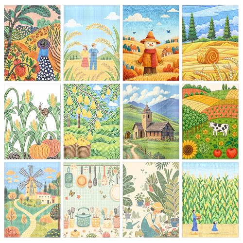 Image of Coloring Book,Village Dot Art Meditations with 12 PCS Acrylic Markers,Mindfulness Adult Coloring Book-Relaxing,Anti-Stress,30 Patterns Coloring Books for Adults,Dot Art for Adults-Country Scenery