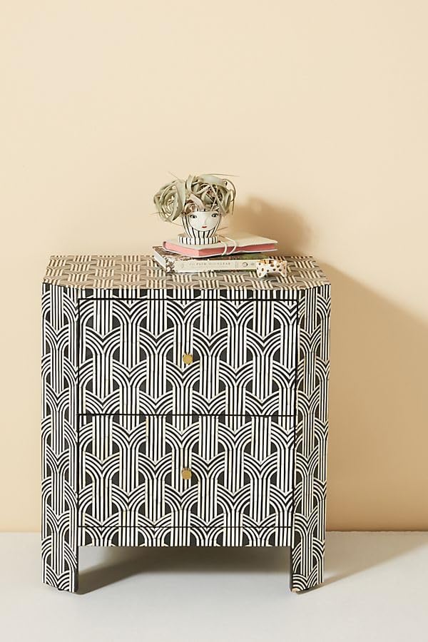 Quick Artsy Sprinkle Midtown Bone Inlay Nightstand | Handcrafted Black Bedside Table with Unique Inlay Design Length: 55.88 cm Depth: 40.64 cm Height: 60.96 cm