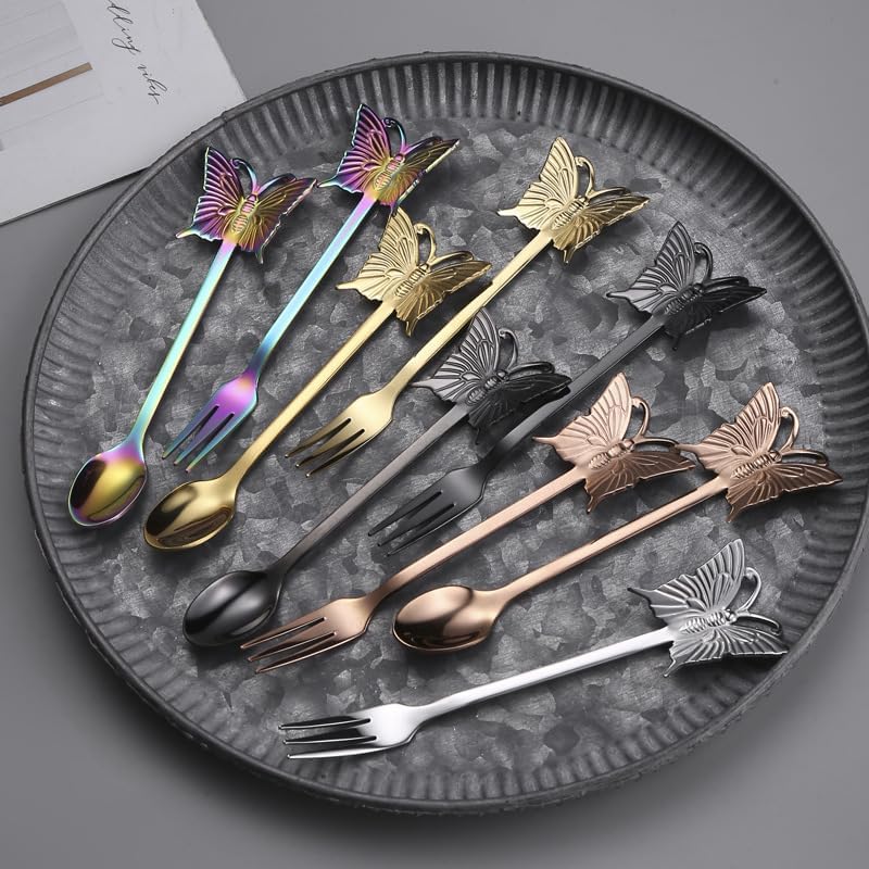 Silverware Flatware Set, 1/4/6/8pcs 304 Stainless Steel Coffee Stirring Spoon Hanging Cup Spoon Creative Cute Spoon Home Dessert Fruit Spoon(Black,8 Pieces)