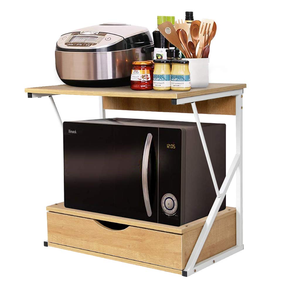 Menaka 2 Tier Kitchen Countertop Microwave Oven Unit Shelving Stand Rack with Drawer for Household Storage Organizer, Home Office Desktop Shelf Printer Rack Free Standing Metal Frame Wood Tabletop