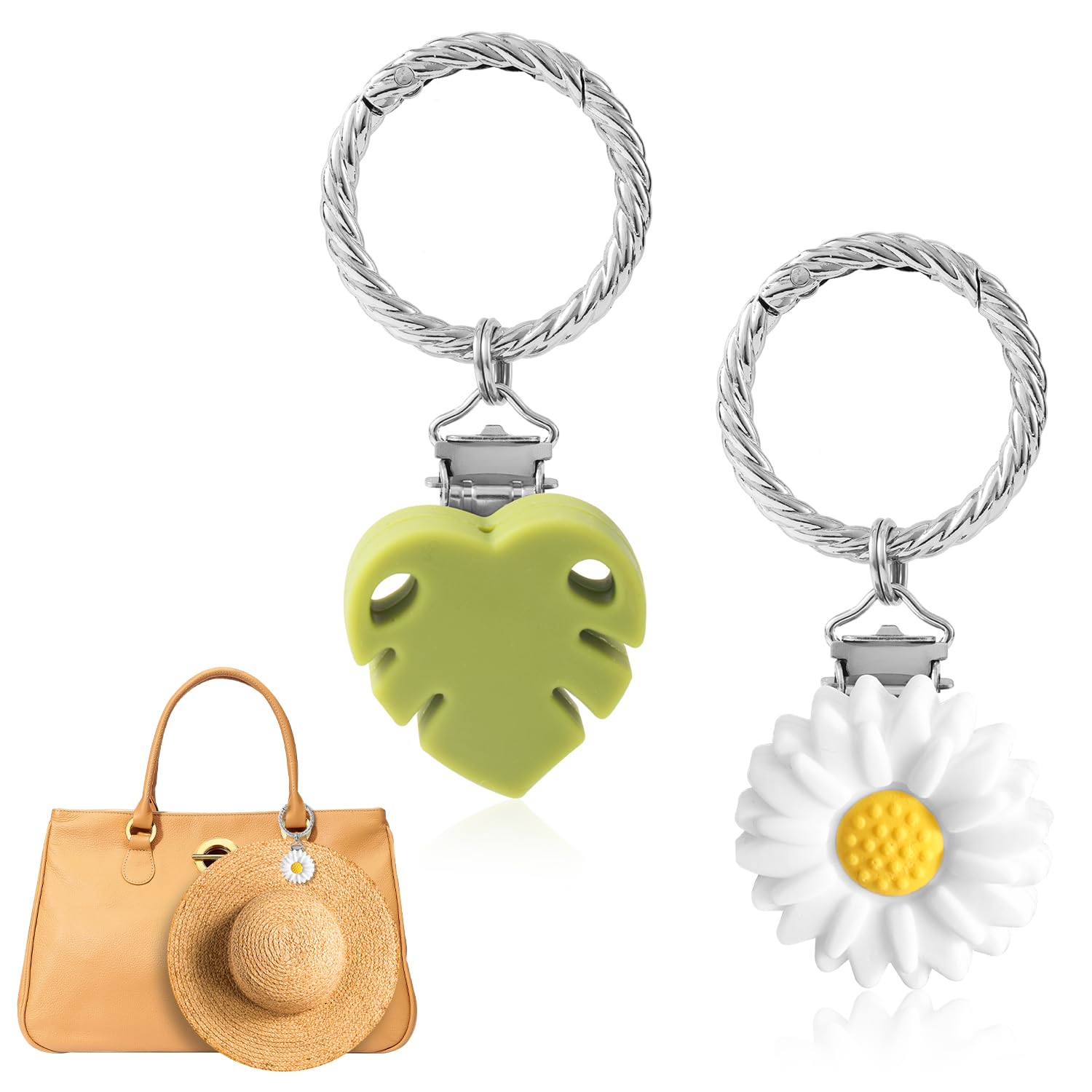 2pcs Hat Holder for Travel on Bag, Flower and Green Leaf Sun Hat Clips for Backpacks Wallets Luggage Practical Holiday Travel Accessories (White,