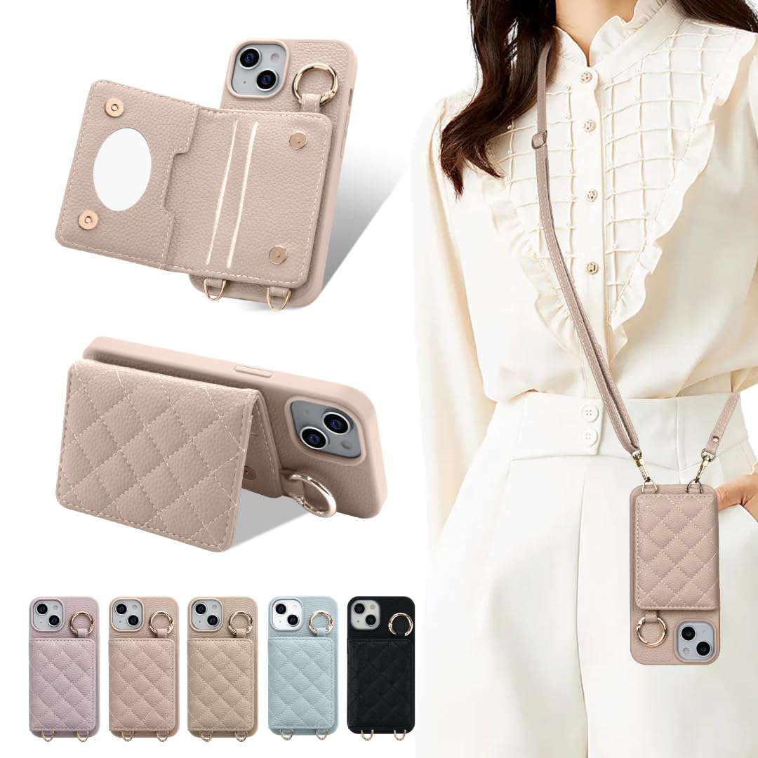 iPhone 15 ケース　ベージュ　リング付きスマホショルダー : UriCase iPhone 15ケース スマホショルダーストラップリング化粧鏡付き軽量スタンド機能ベージュピンク :  家電＆カメラ