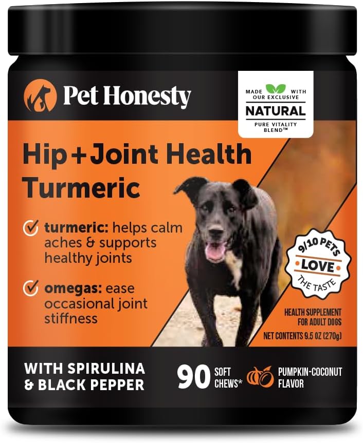 Turmeric Joint Supplement for Dogs – Glucosamine Chondroitin + Omega 3 Fish Oil – Advanced Mobility Support for Achey Joint, Ease Stiffness + Hip Support for Aging Dogs (Pumpkin Coconut, 90 Ct)