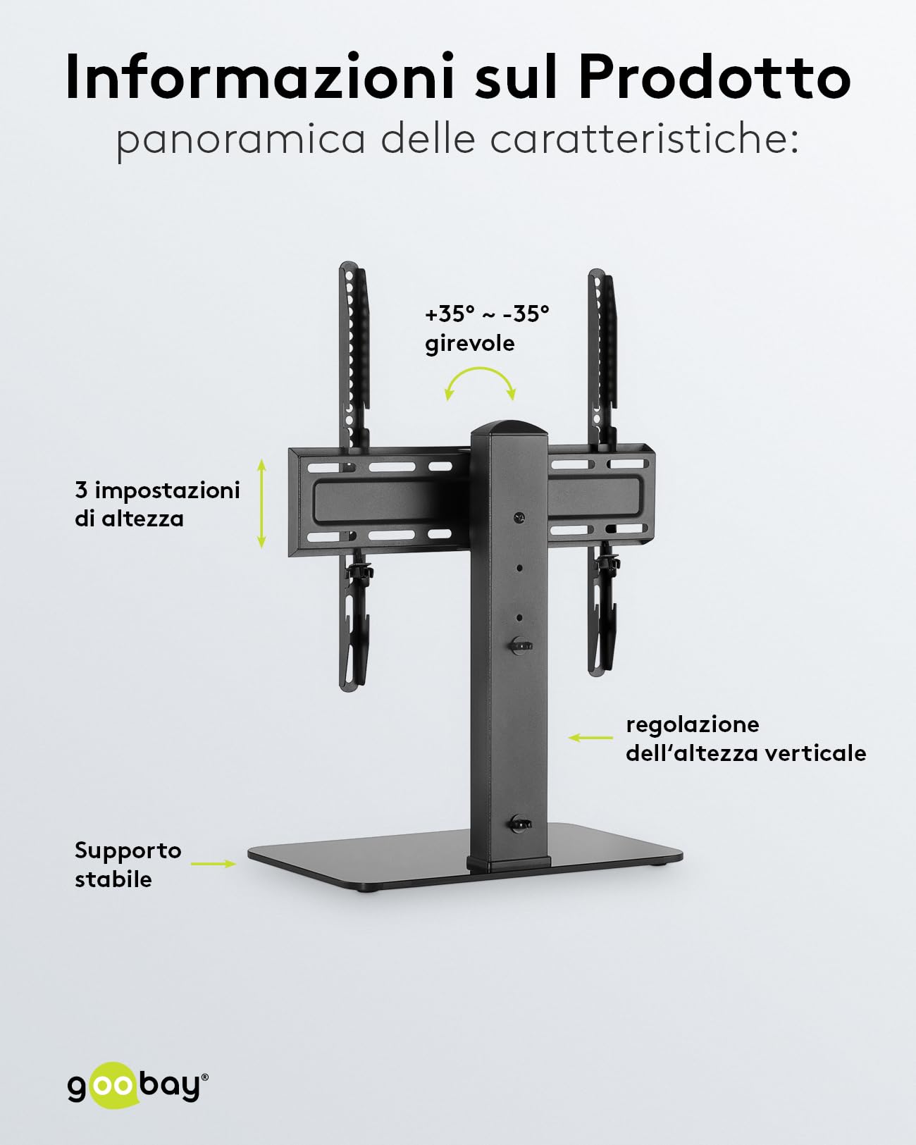 goobay Supporto TV da Pavimento 32-55 Pollici Girevole 35 Gradi Regolabile in Altezza Compatibile VESA Fino a 40 kg Base in Vetro - 58524