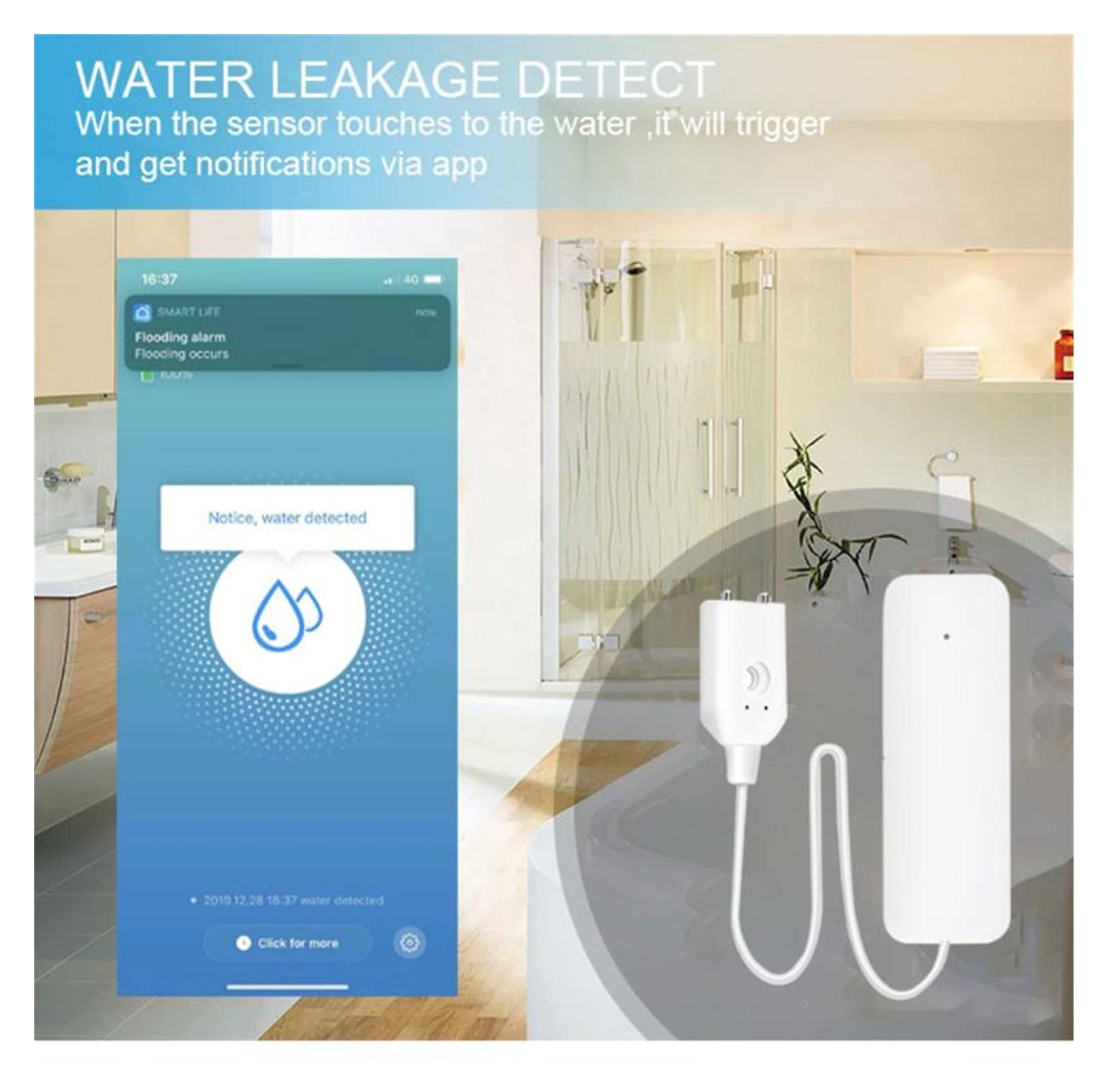 Actuador eléctrico Sensor de fugas de agua Detector inalámbrico Detector de agua Detección de fugas Alerta Nivel de agua Desbordamiento de desbordamiento Alarma Inicio inteligente Proporciona una prot