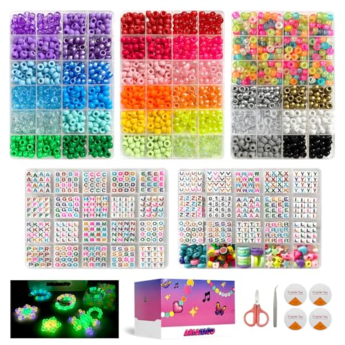 ARIANACO Pony Beads for Bracelet Making Kit with Letter Beads for Friendship Bracelets String Sets 5 Boxes Rave Kandi Beads Bulk for Keychain Crafts and Jewelry Making Supplies