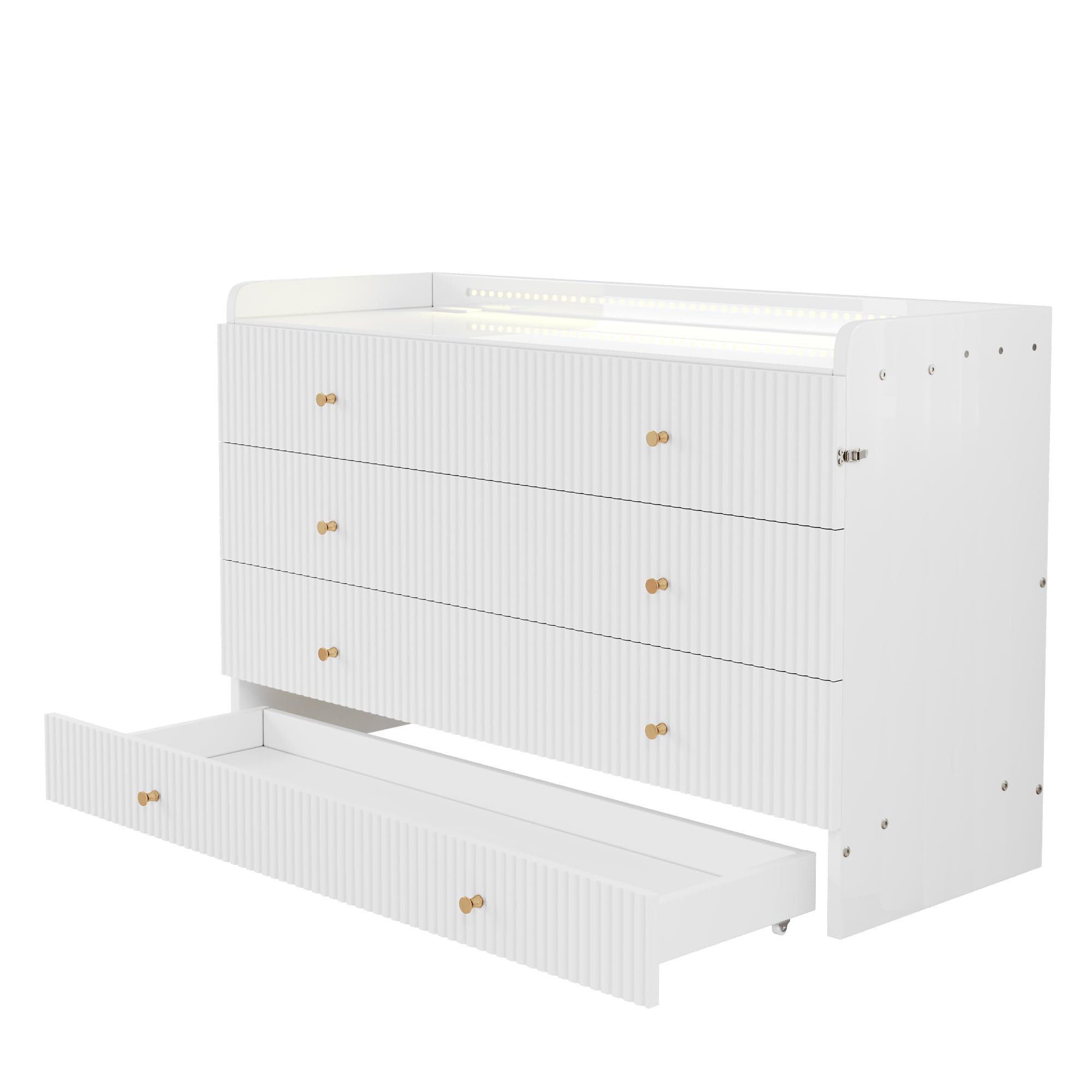 Armario cama, 140 x 200 cm, debajo de la cama se encuentran cajones, con USB y enchufe, barra de luz LED, con placa brillante, cama con plataforma convertible, sin colchón, color blanco