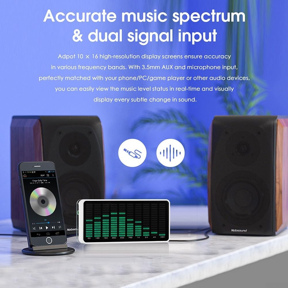 Analizador de espectro de audio, espectro musical, captación de micrófono, medidor de nivel de sonido, analizador de audio, espectro musical preciso y entrada de señal dual (luz verde)