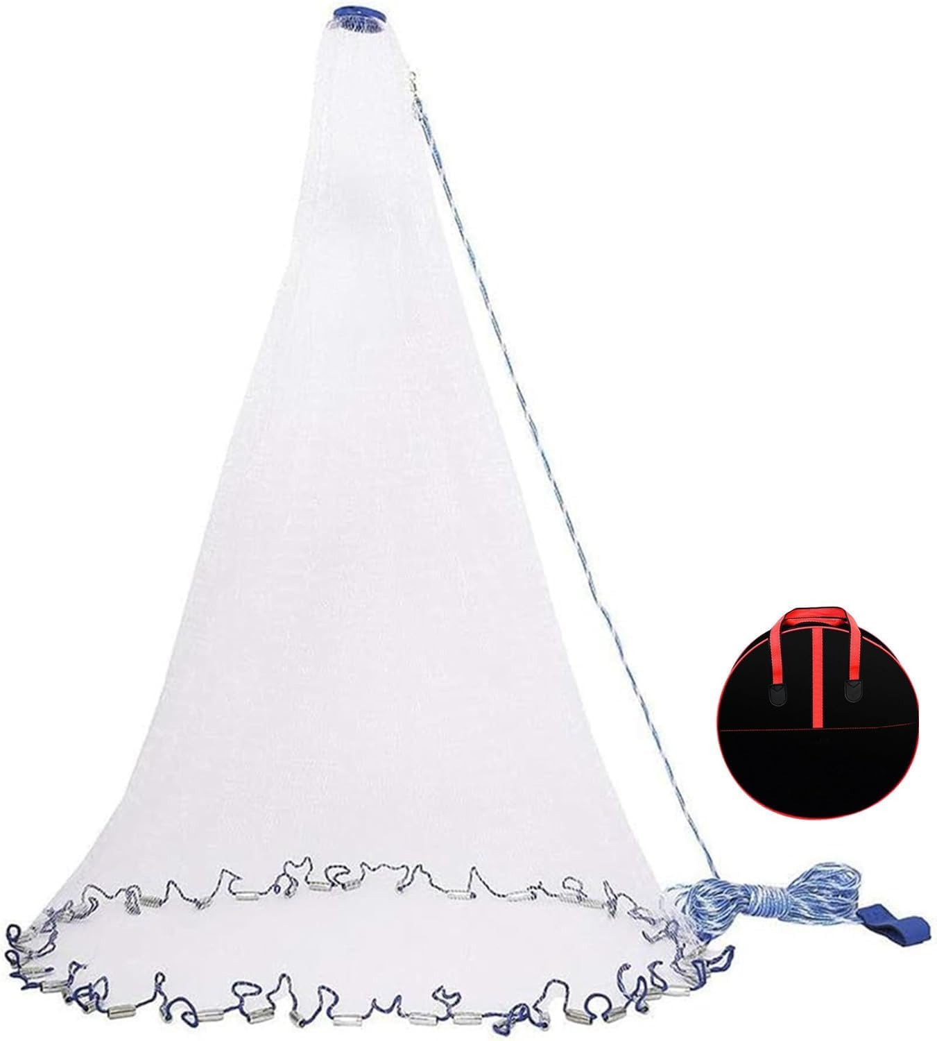 Fishing Cast Net, 3/8 Inch Mesh Size Radius SaltwaterThrow Cast Net with Heavy Duty Real Zinc Sinker Weights for Bait Trap Fish