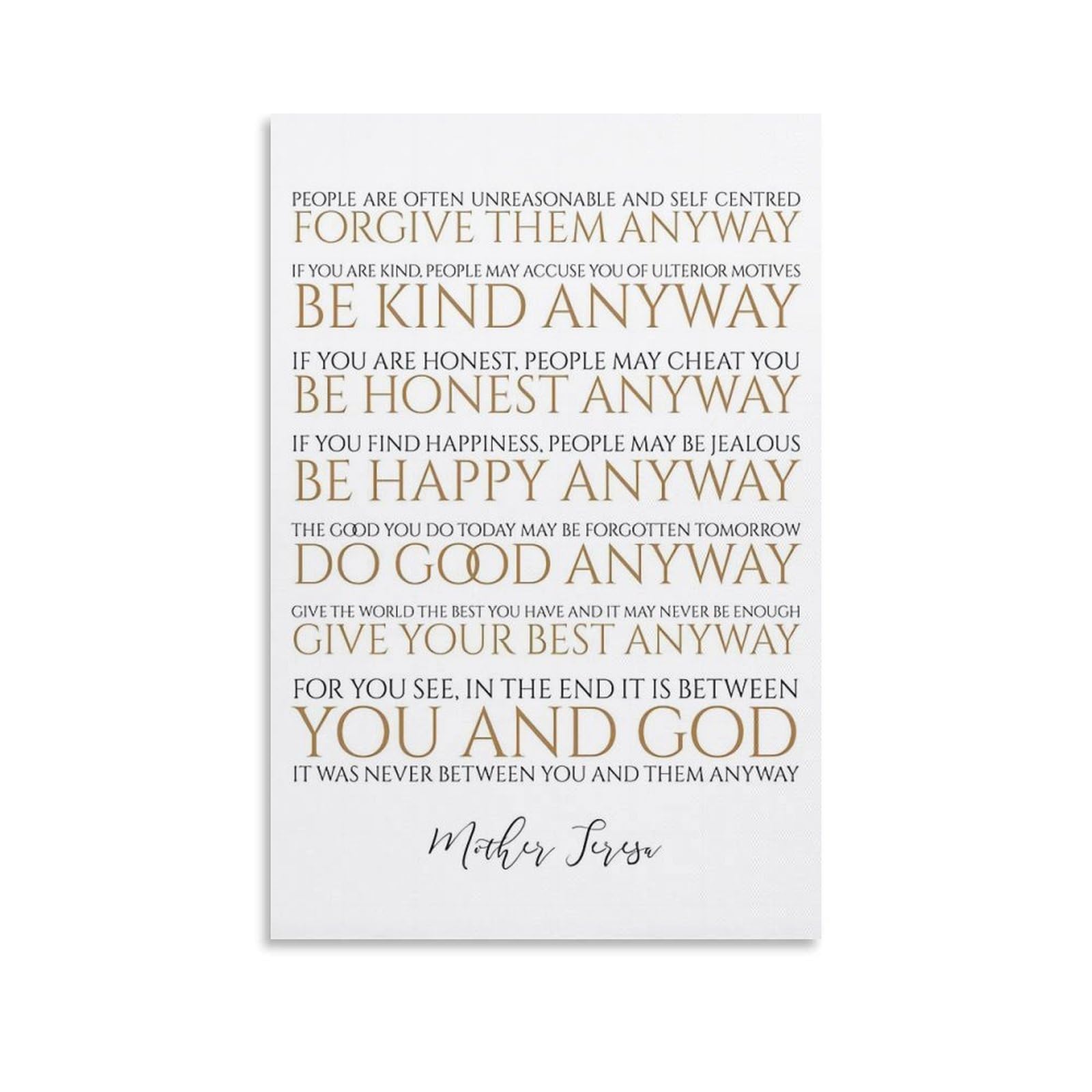 LZTEN Teresa Mother Quotes - Do It Anyway - Positive Mind Christian Wall Art Quote Prints Posters Canvas Wall Art Oil Paintings Deco Unframed 20x30inch