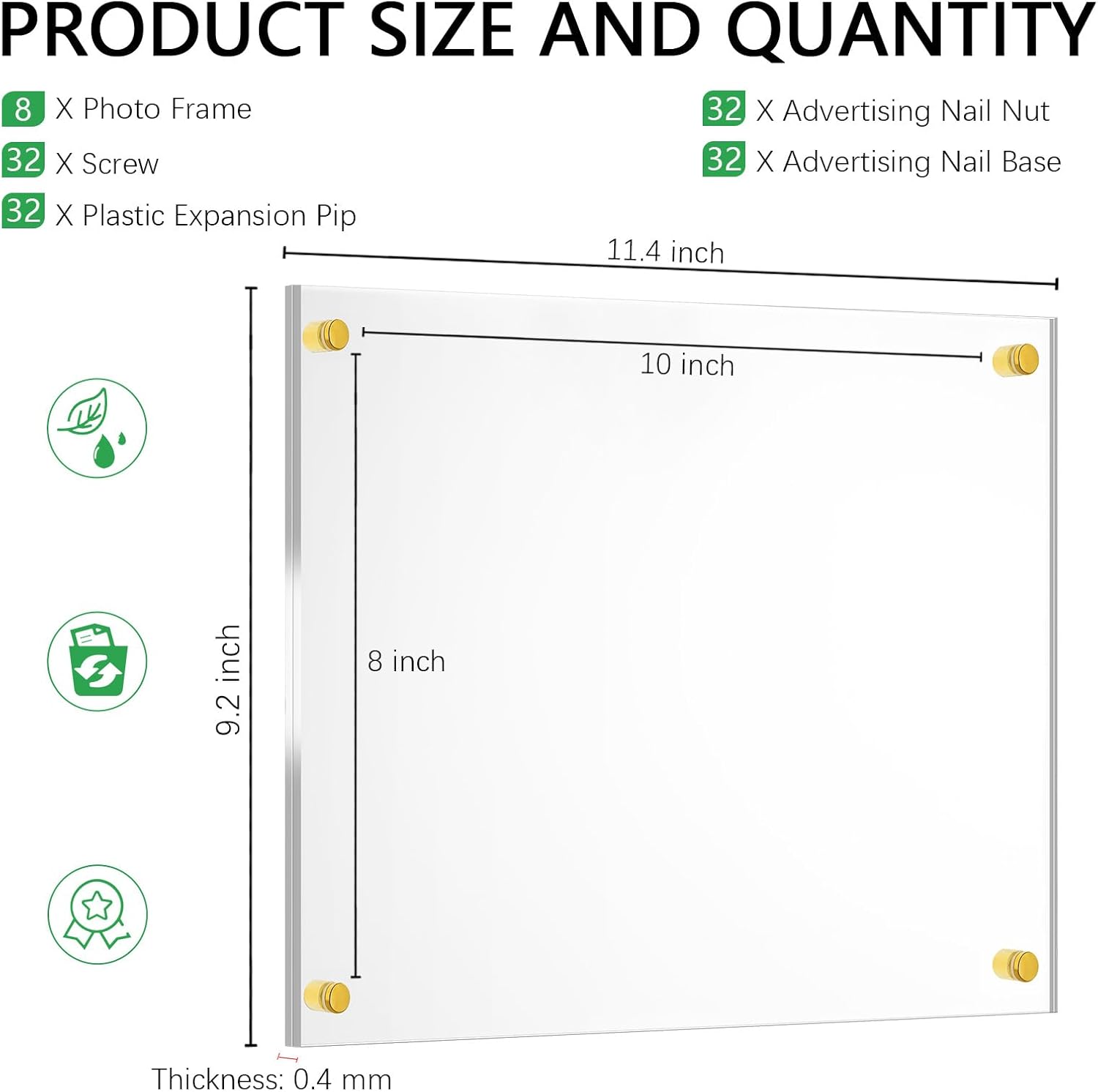 Sintuff 8 Pack Acrylic Floating Picture Frame Wall Mount Frameless Photo Frames Double Panel Clear for Office Home Photography Display (for 8" X 10" Picture,Full Frame 9.2" X 11.4",Gold)