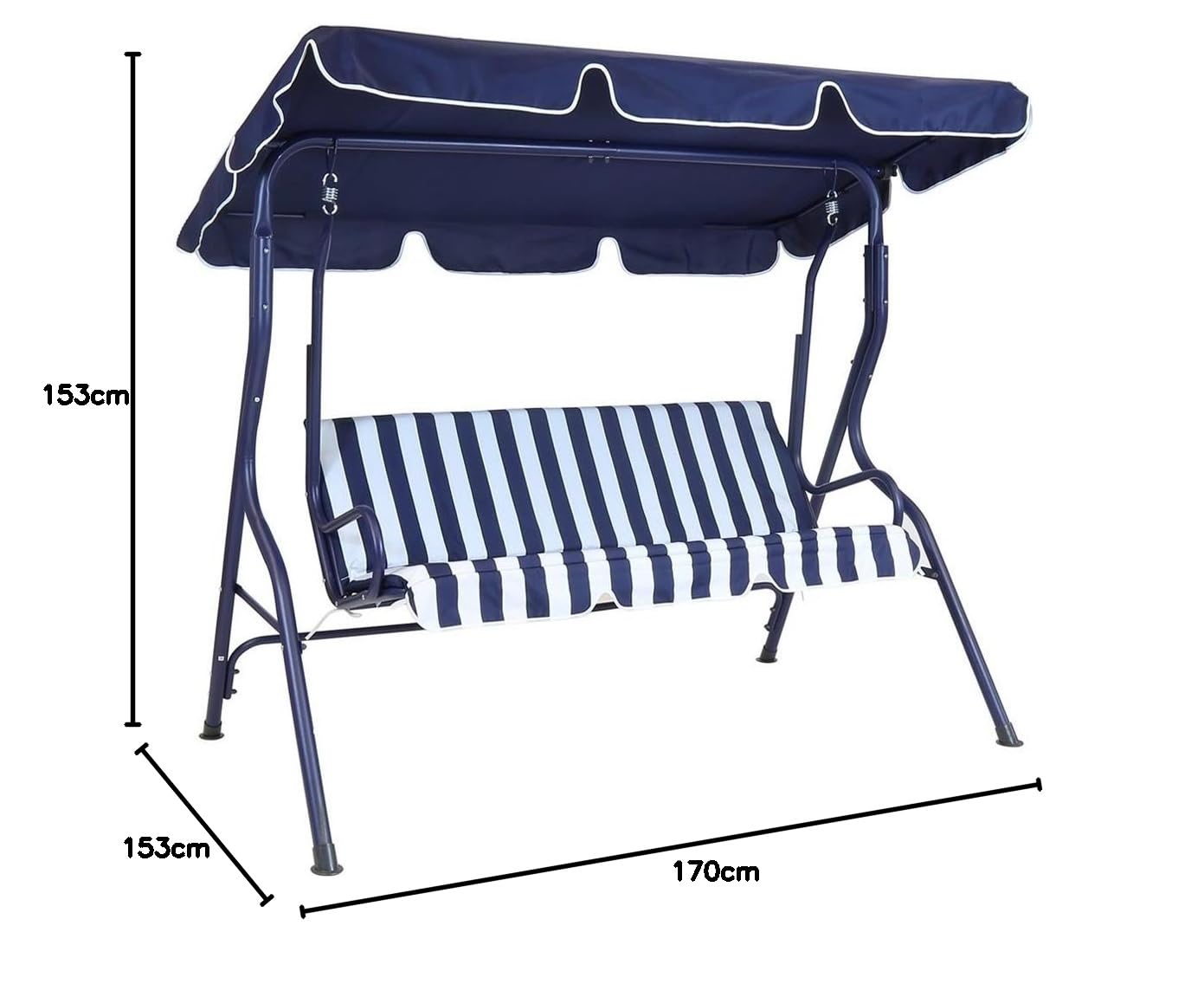 Bakaji Dondolo da Giardino 3 Posti Altalena per Esterno Struttura in Acciaio con Tettuccio Regolabile Impermeabile Colore BLU Bianco (a strisce), cuscini sfoderabili