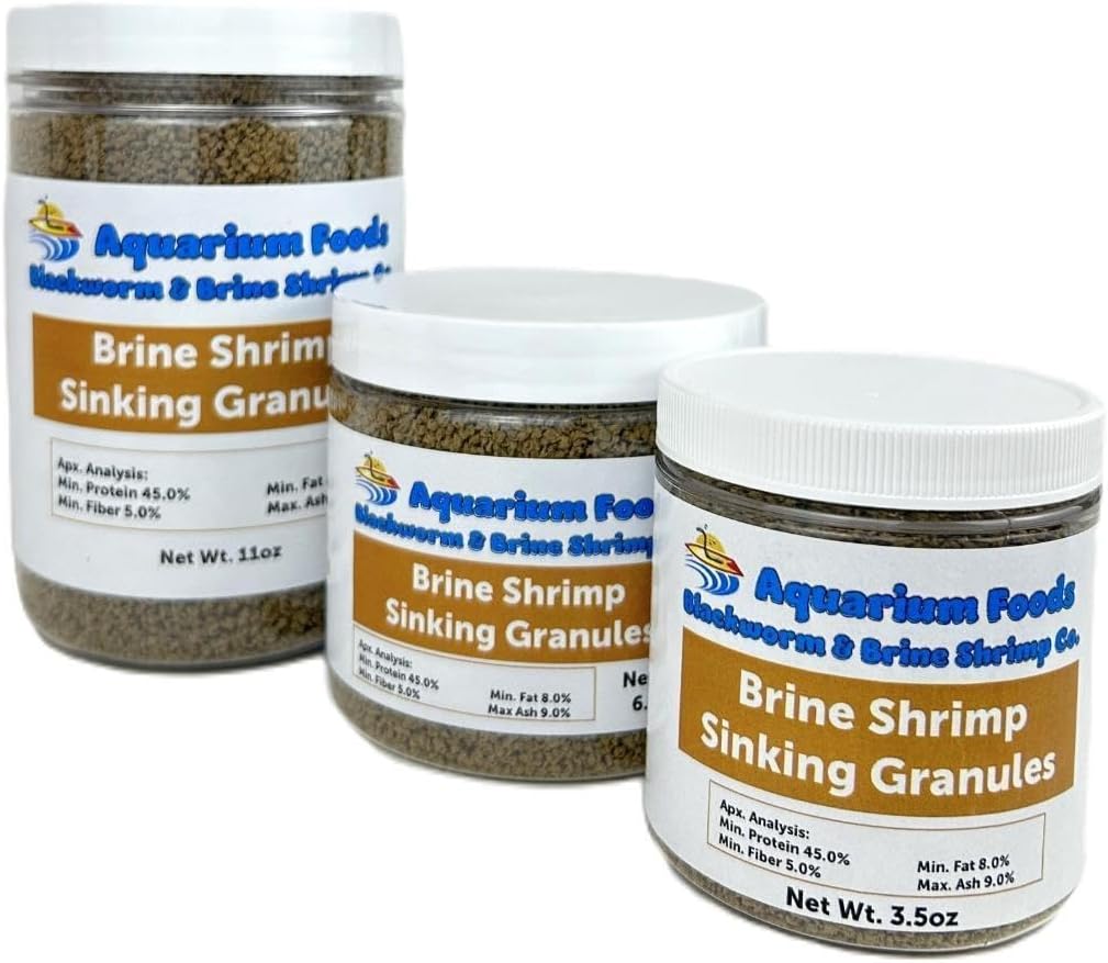 Aquatic Foods Inc. Brine Shrimp 0.5-2.5mm Sinking Granules for All Small & Baby Discus, Cichlids, Tetras, Live Bearers, Catfish, Small Plecos, All Tropical Fish…11oz Lg Round Jar