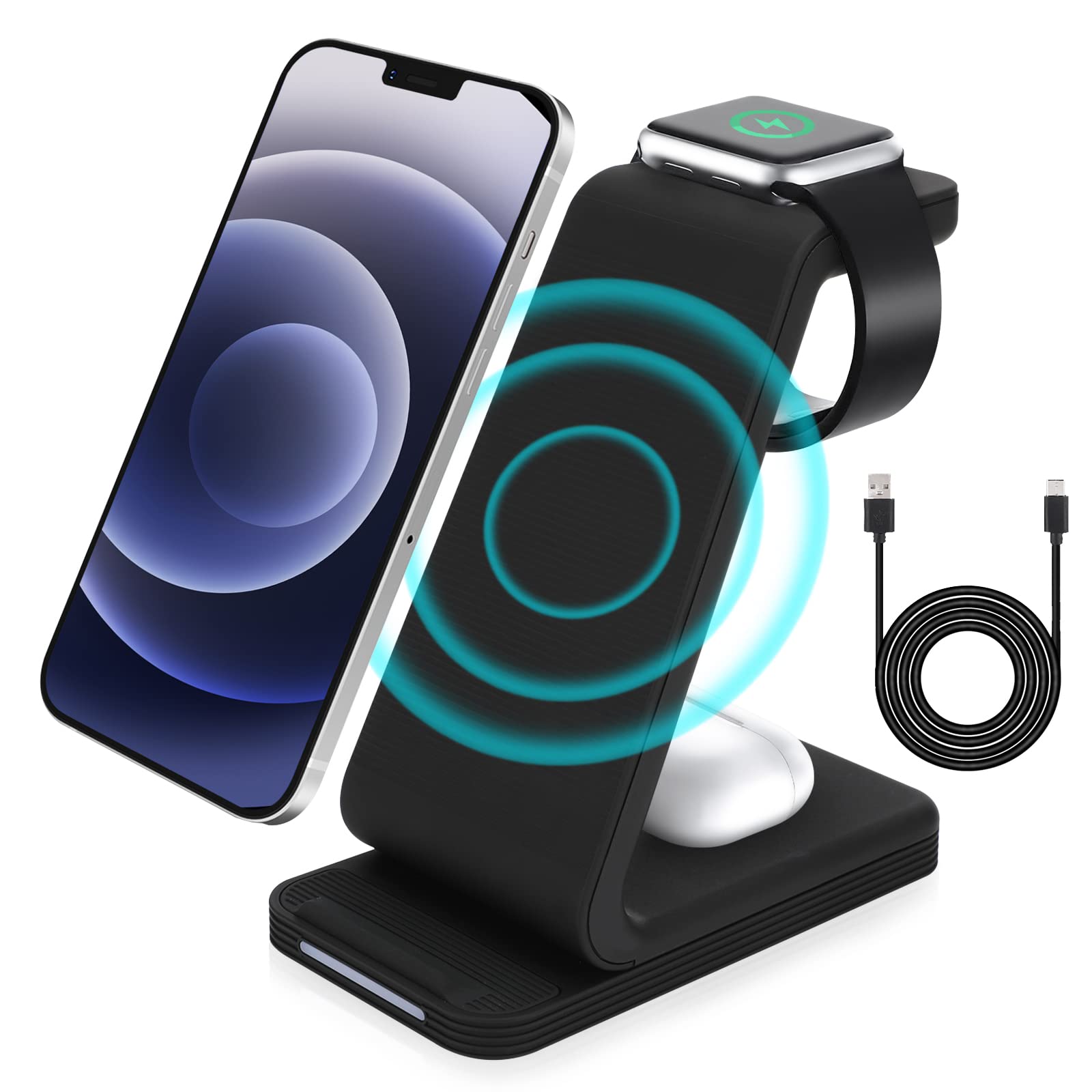 Photo 1 of Wireless Charger 3 in 1 Laelr Wireless Charger Stand 15W Fast Charging Station Charging Dock Holder for Apple iWatch Airpods iPhone 14/13/12/12 Pro/11/11 Pro/X/Xr/8/8 Plus and QI-Certified Phones