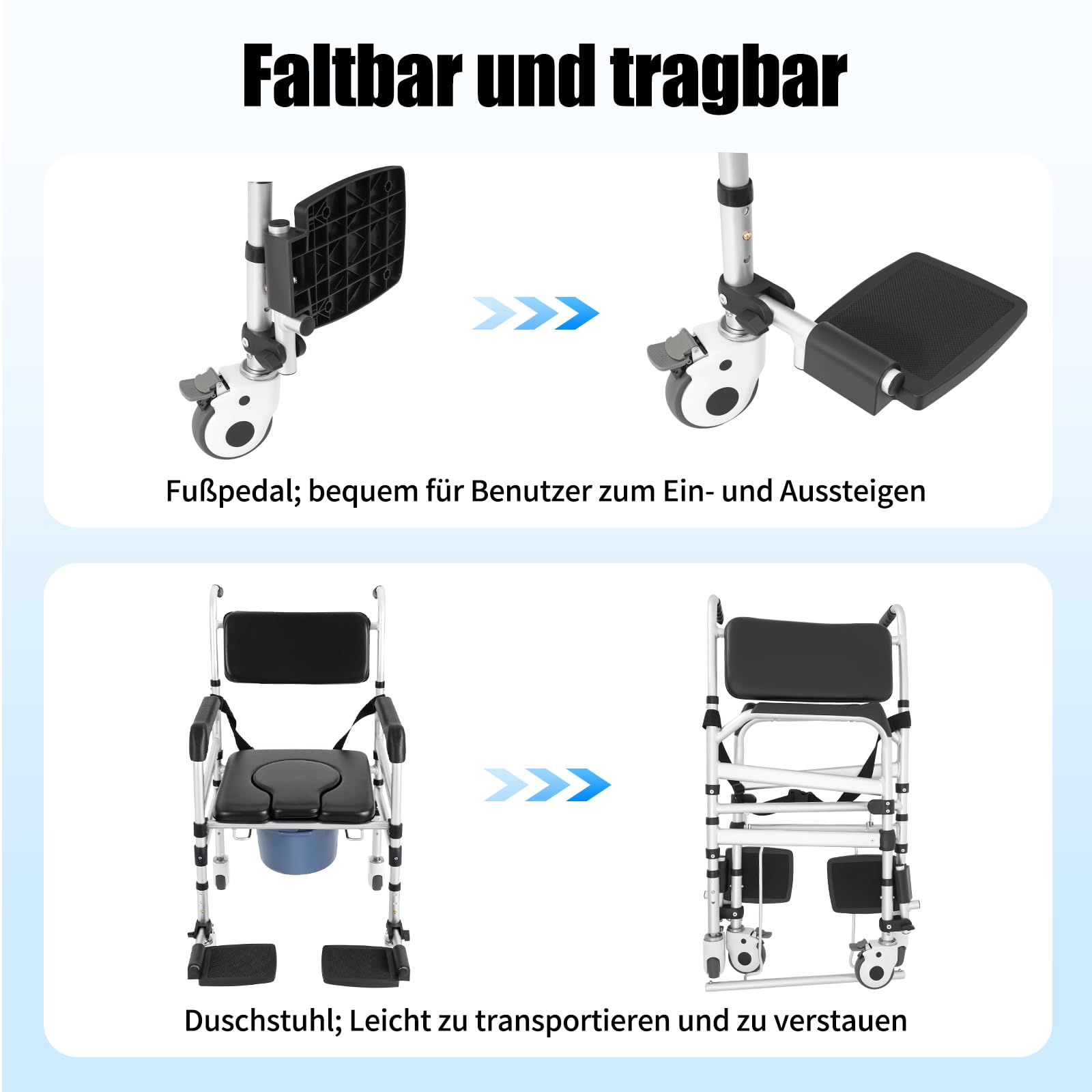 Dusch-Toilettenrollstuhl mit 4 Feststellbaren Rädern, 3-in-1 WC-Duschstuhl Faltbar Toilettenstuhl Senioren Tragbarer Badezimmerstuhl, 160kg Tragfähigkeit Rutschfester für Behinderungen Schwangere