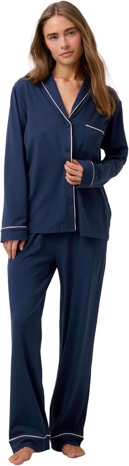 Lunya Slumberknit Shawl Collar Button Down Pant Set – Cotton Pajama Set with Long Sleeve Top and High Rise Pants