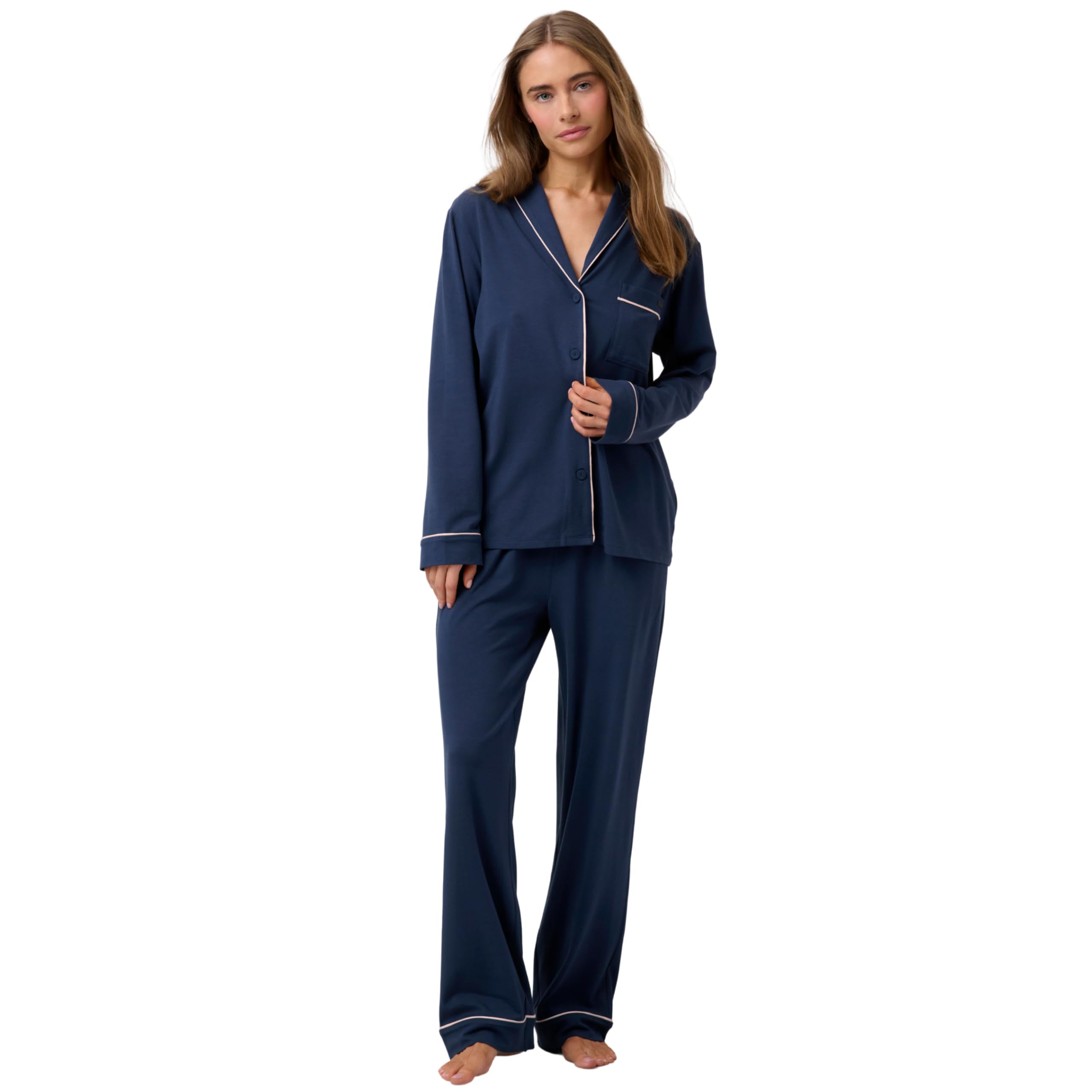 Lunya Slumberknit Shawl Collar Button Down Pant Set – Cotton Pajama Set with Long Sleeve Top and High Rise Pants