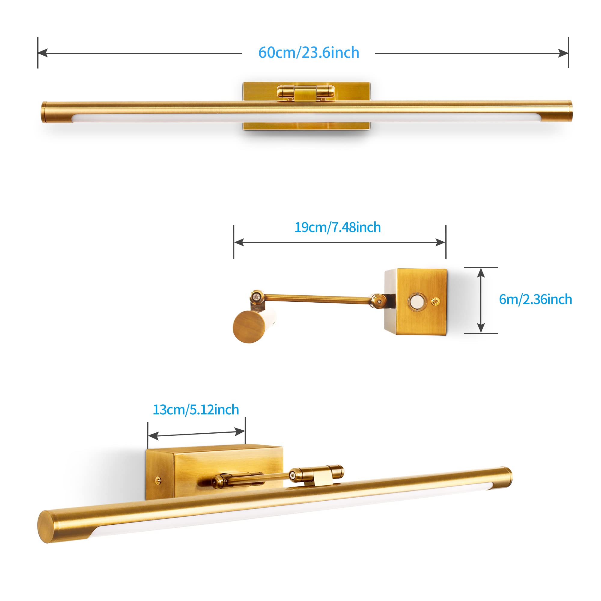 LED Spiegelleuchte Badezimmer 60cm 12W, Dimmen einer einzigen Farbtemperatur LED-Bilderleuchte mit Schwenkbarem Lampenkopf, Wandleuchte Spiegel Beleuchtung Lampe