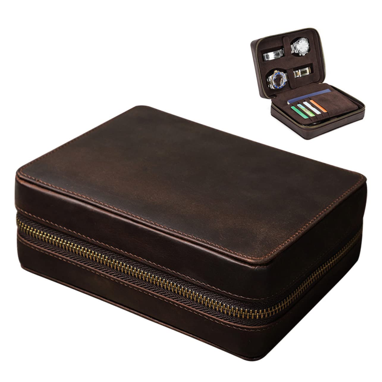 LIFKOME Caja de Relojes de Viaje 4 Ranuras en Cuero Café para Hombre | Cierre Cremallera, Dos Compartimentos Laterales, Diseño Delgado y Formato Portátil