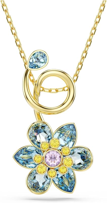 Idyllia Pendant, Mixed cuts, Flower, Blue, Gold-Tone Finish