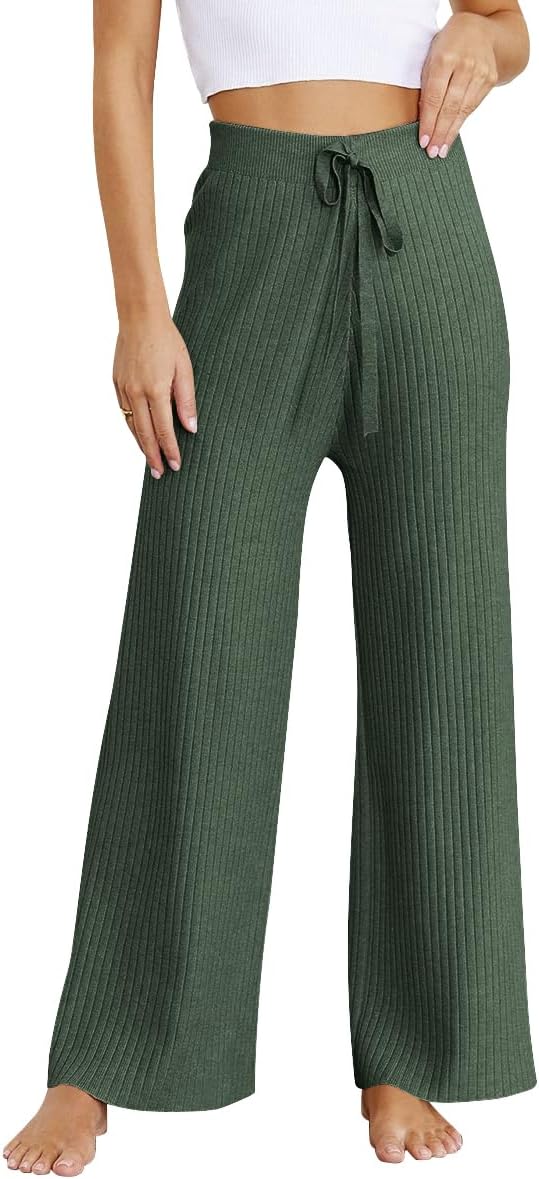 LILLUSORY Womens Rib Knit Wide Leg Pants 2023 Elastic Waist Casual Flowy Sweater Pants